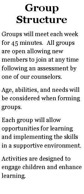 Text Box: Group StructureGroups will meet each week for 60 minutes (45 minutes for children 6 and under).  All groups are open allowing new members to join at any time. Age, abilities, and needs will be considered when forming groups.  Each group will allow opportunities for learning and implementing the skills in a supportive environment.Activities are designed to engage children and enhance learning.  